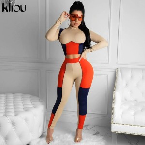 Kliou Patchwork Skinny Two Piece Set Women Autumn Mock Neck Crop Top+Stretchy Legging Matching Outfit Female Hot Streetwear 2021